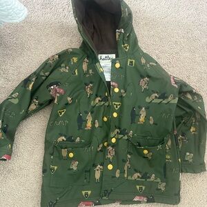 Hatley Green Camp Print Hooded Raincoat with Yellow Snaps